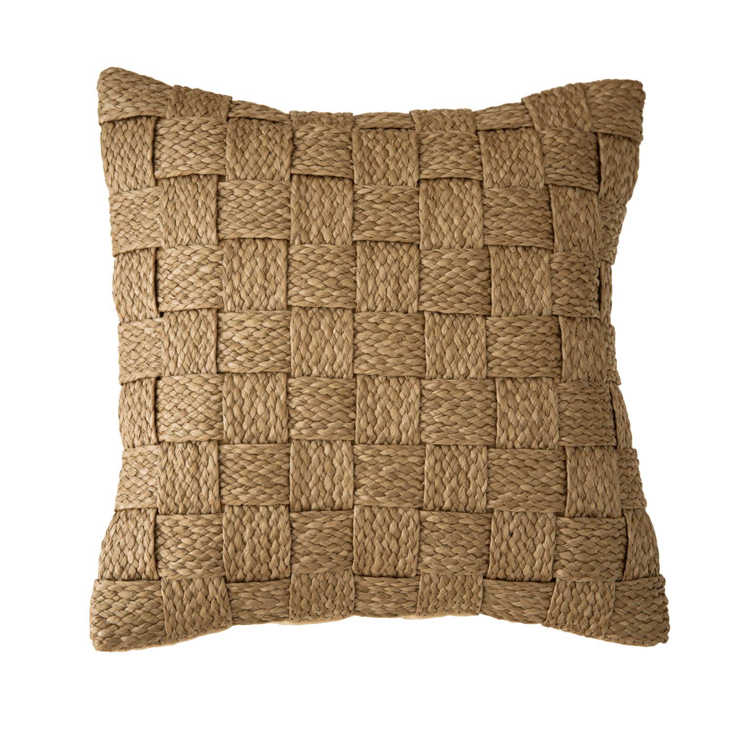 Cojín premium de rafia y polipropileno beige con tejido de cuadros entrelazados de 45 x 45 cm-1