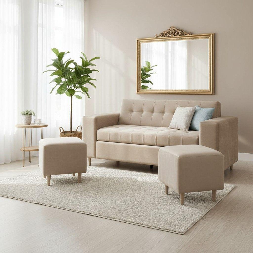 SOFA DOS CUERPOS MAS POUF EN FELPA BEIGE-0
