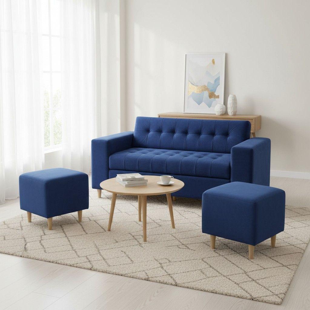 SOFA DOS CUERPOS MAS POUF EN FELPA AZUL MARINO-0