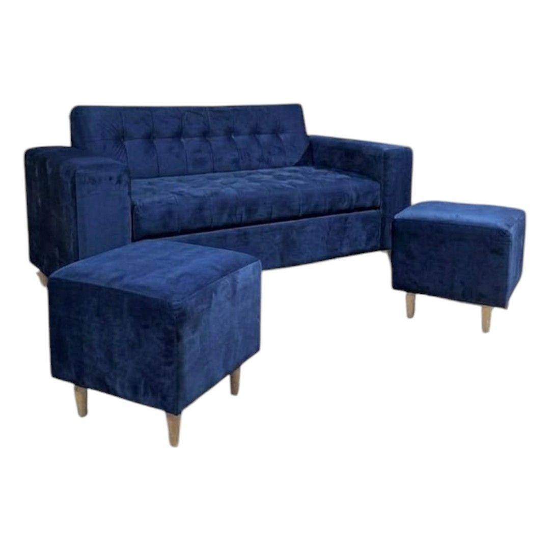 SOFA DOS CUERPOS MAS POUF EN FELPA AZUL MARINO-1