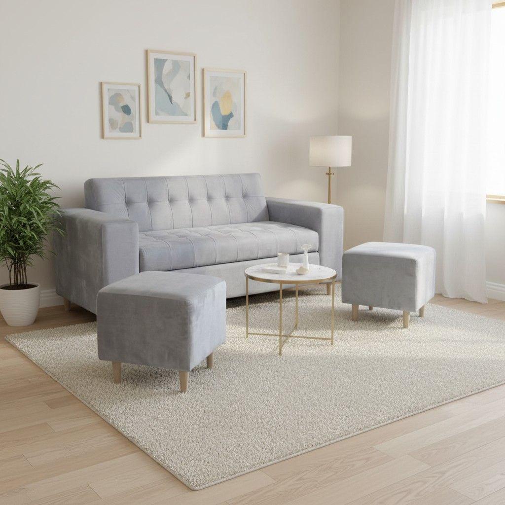 SOFA DOS CUERPOS MAS POUF EN FELPA GRIS CLARO-0