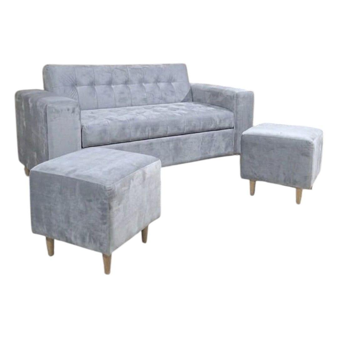 SOFA DOS CUERPOS MAS POUF EN FELPA GRIS CLARO-1