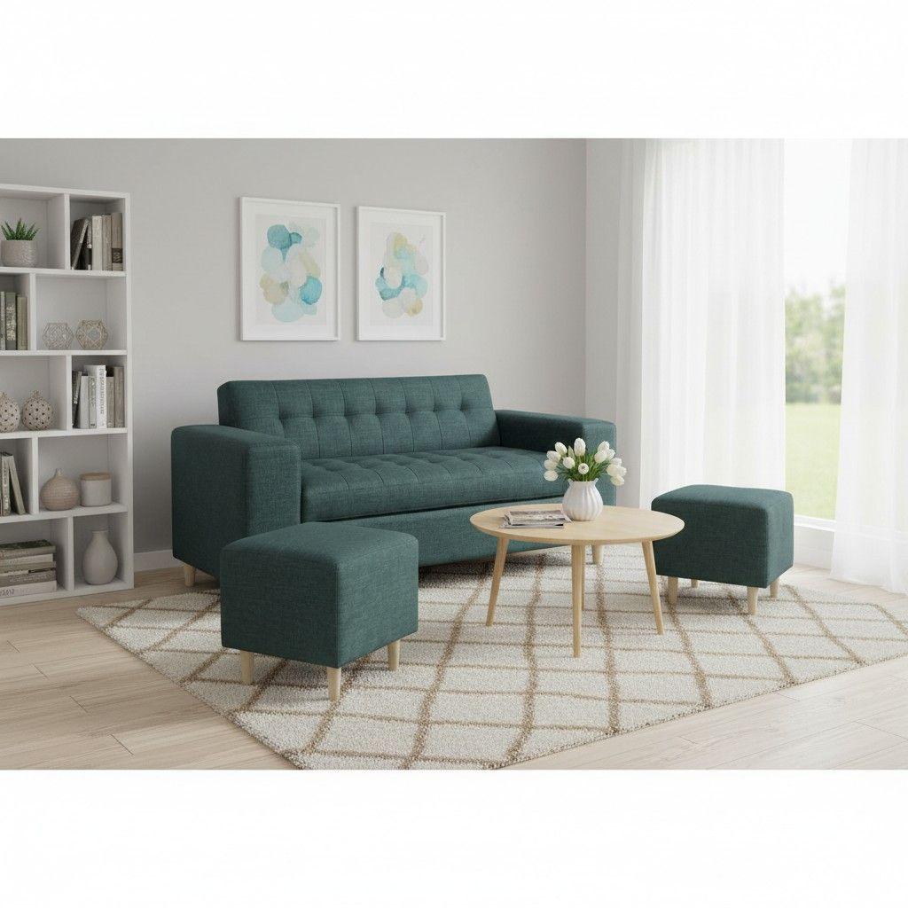 SOFA DOS CUERPOS MAS POUF EN LINO VERDE-0