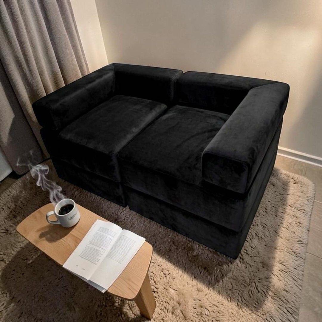 SOFA CAMA ARKOS DOS CUERPOS EN FELPA NEGRA-4