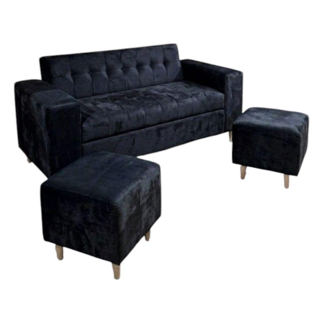SOFA DOS CUERPOS MAS POUF EN FELPA NEGRA-3