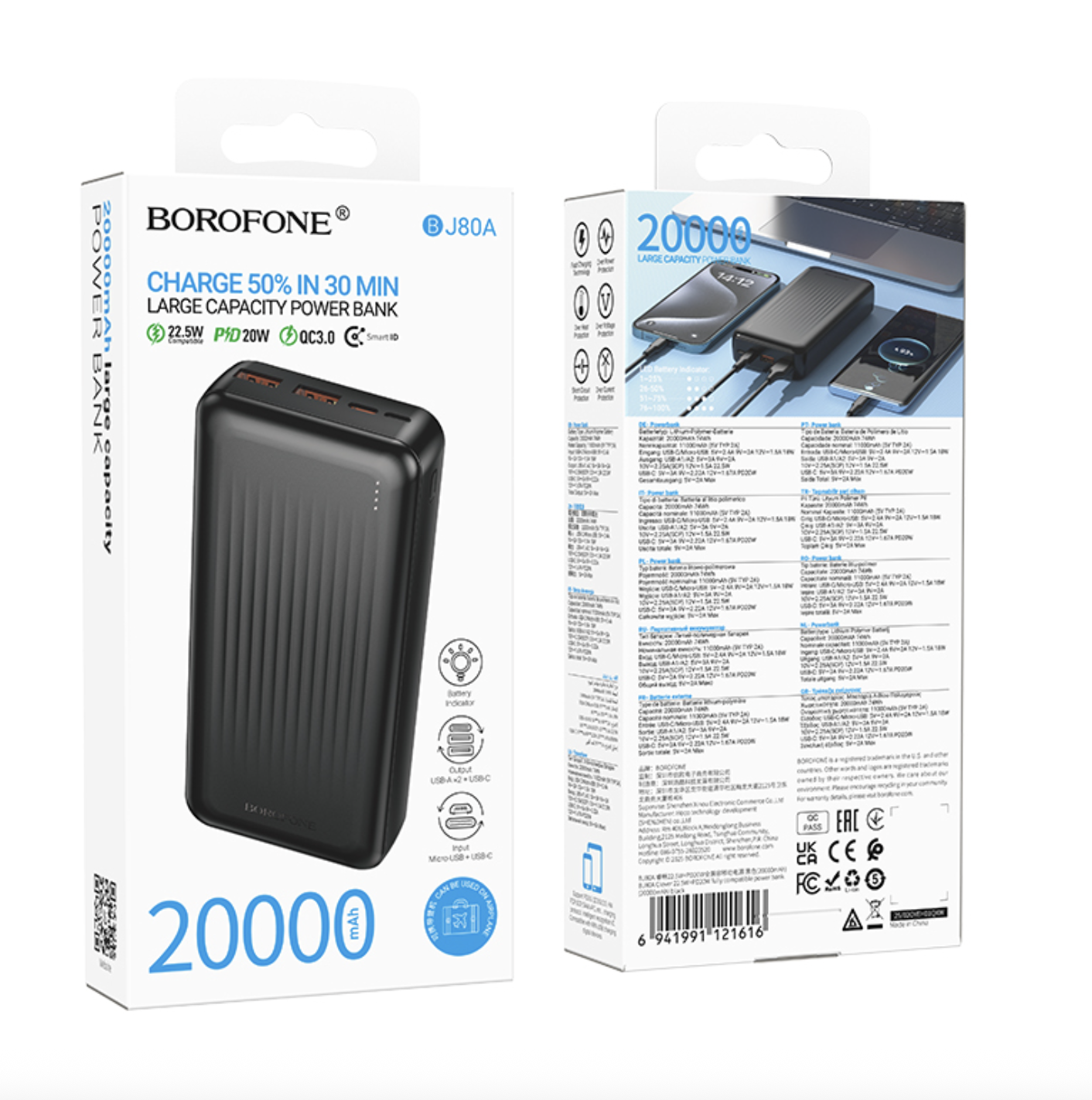 Power Bank BOROFONE BJ80A 20000mAh Carga Rapida 22 5W PD 20W Negro-2