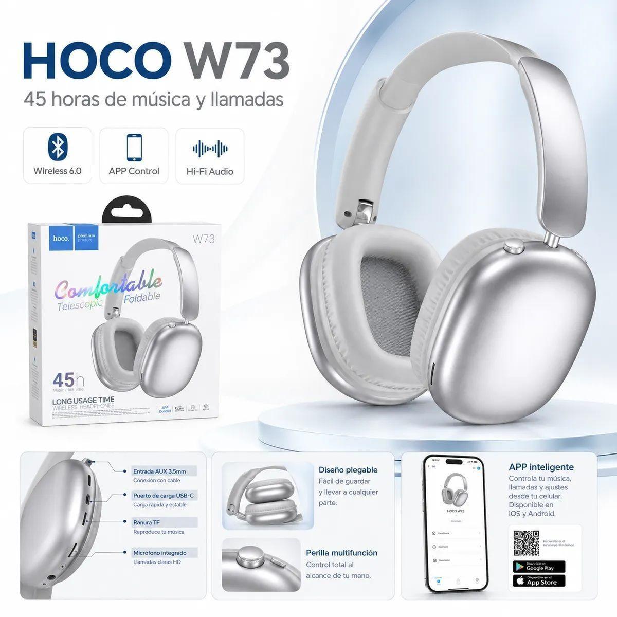 Audífonos Bluetooth HOCO W73 Over Ear Inalámbricos con Micrófono Plata-2