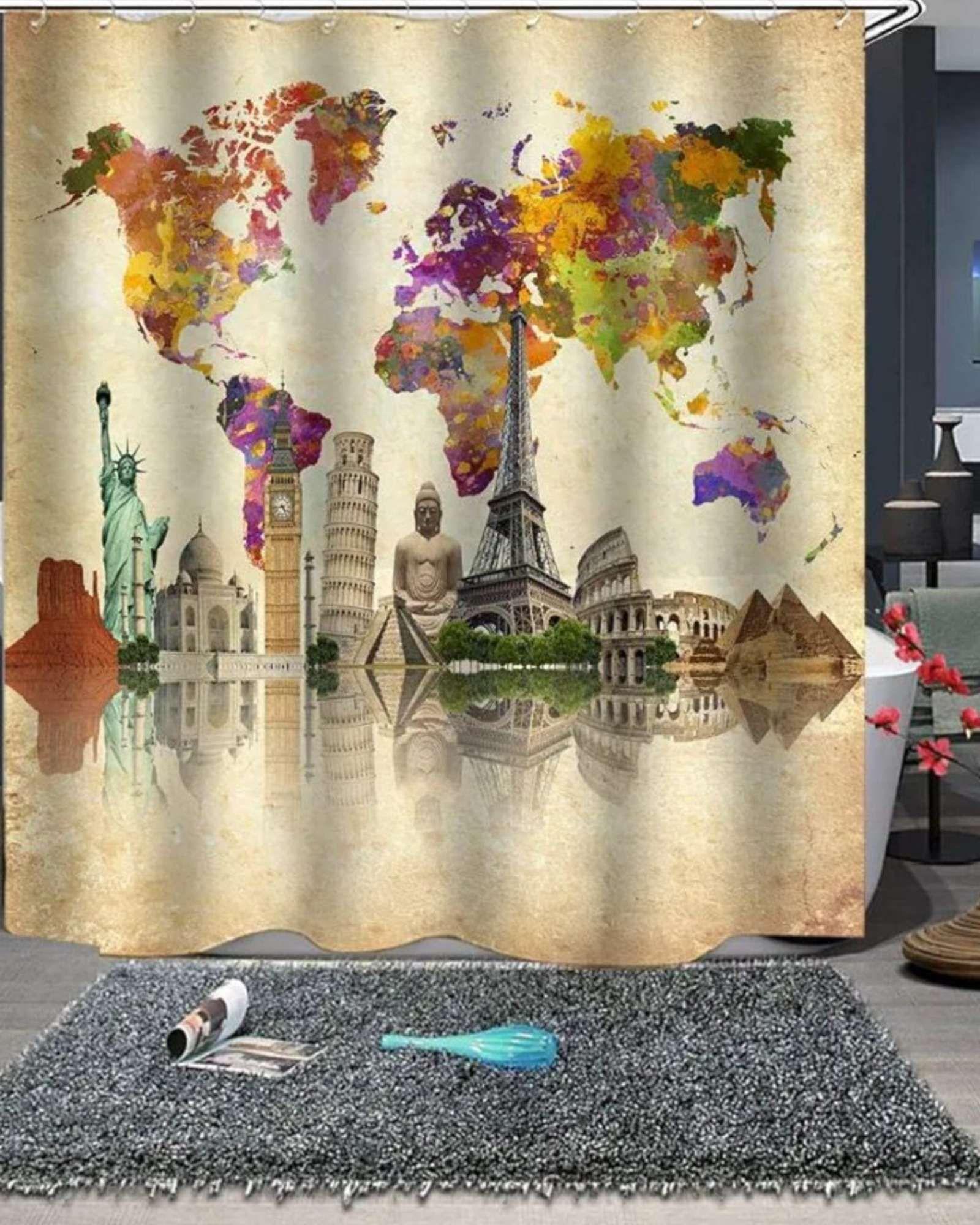 Juego de Cortina de Baño Tela Género + Forro Impermeable T9-1