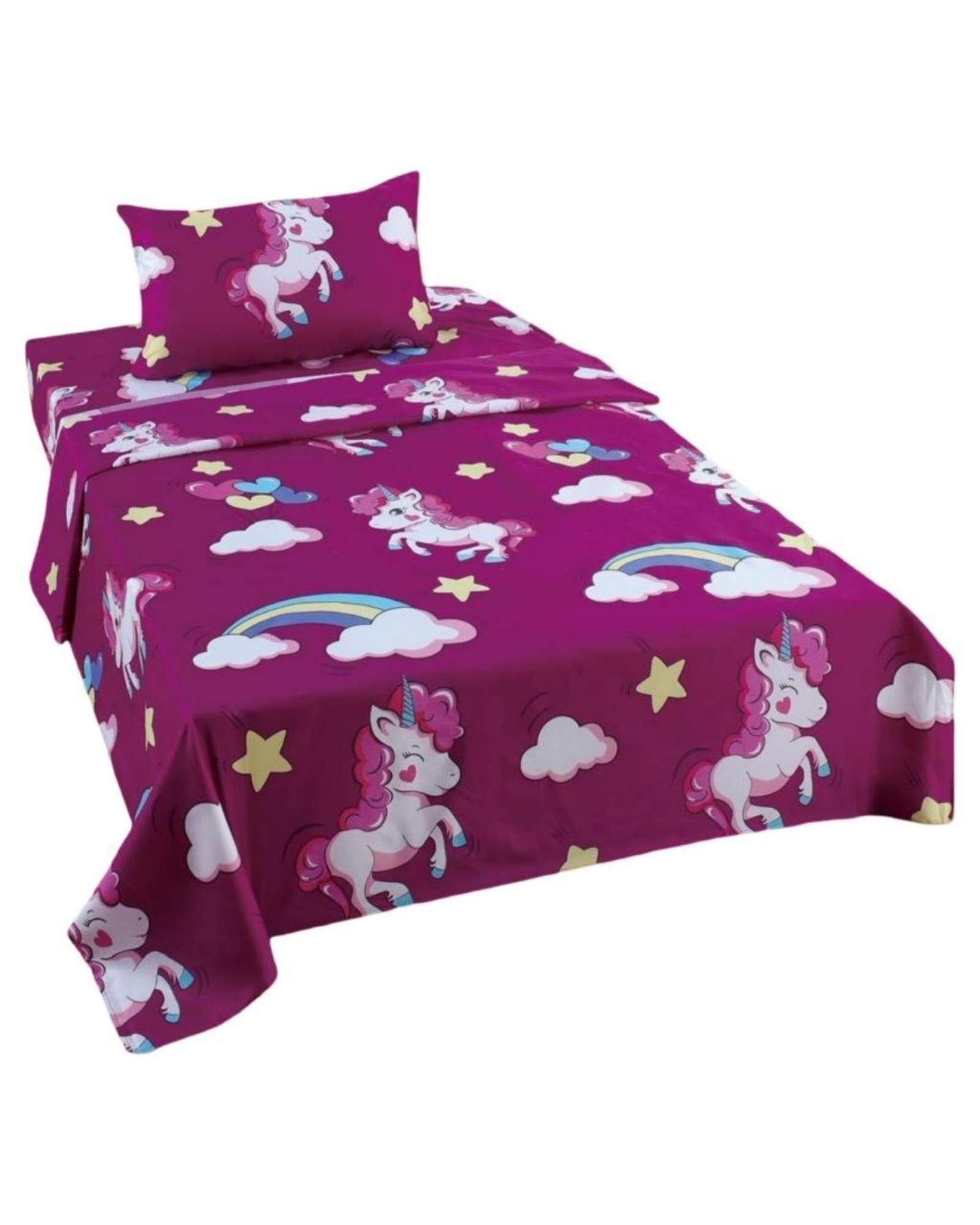 Juego de Sabanas de verano Unicornio niña Infantil plaza y media  MAS 1 ALMOHADA  -1