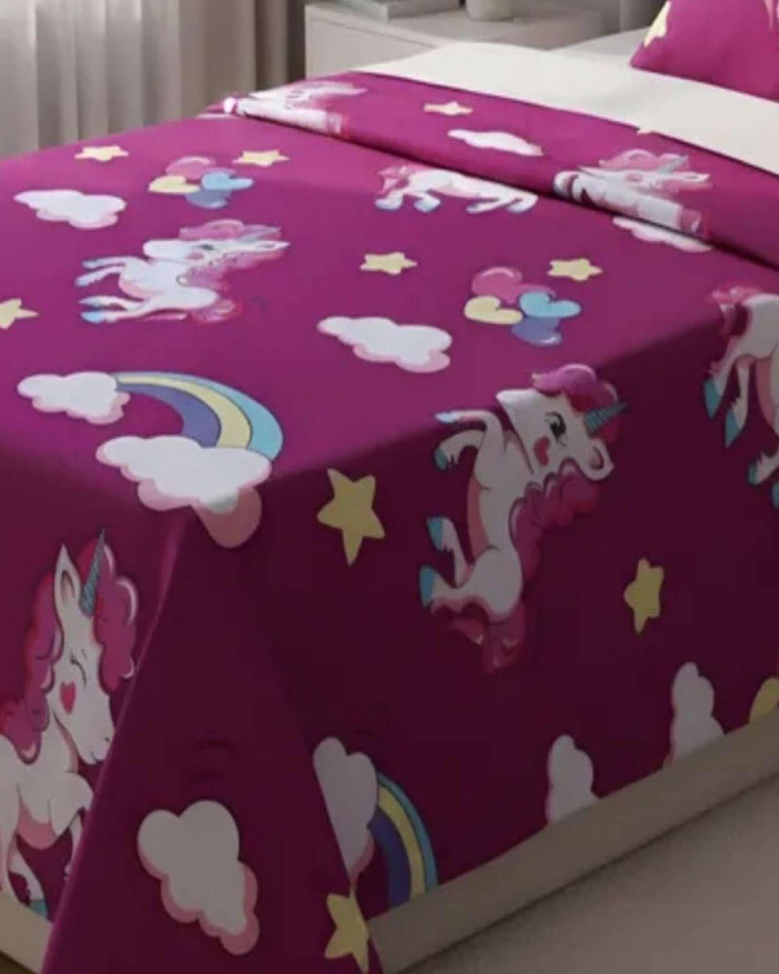Juego de Sabanas de verano Unicornio niña Infantil plaza y media  MAS 1 ALMOHADA  -2