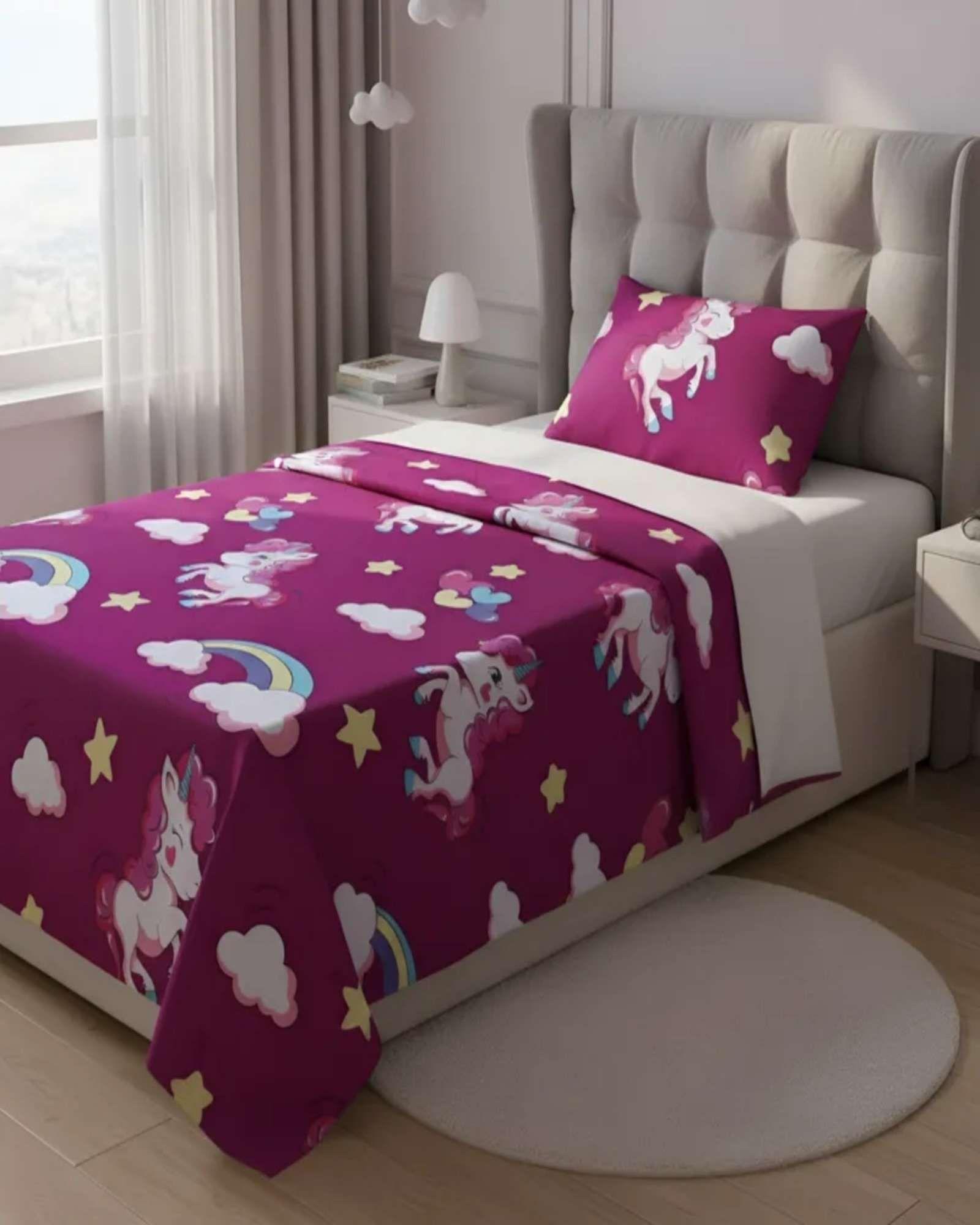 Juego de Sabanas de verano Unicornio niña Infantil plaza y media  MAS 1 ALMOHADA  -3