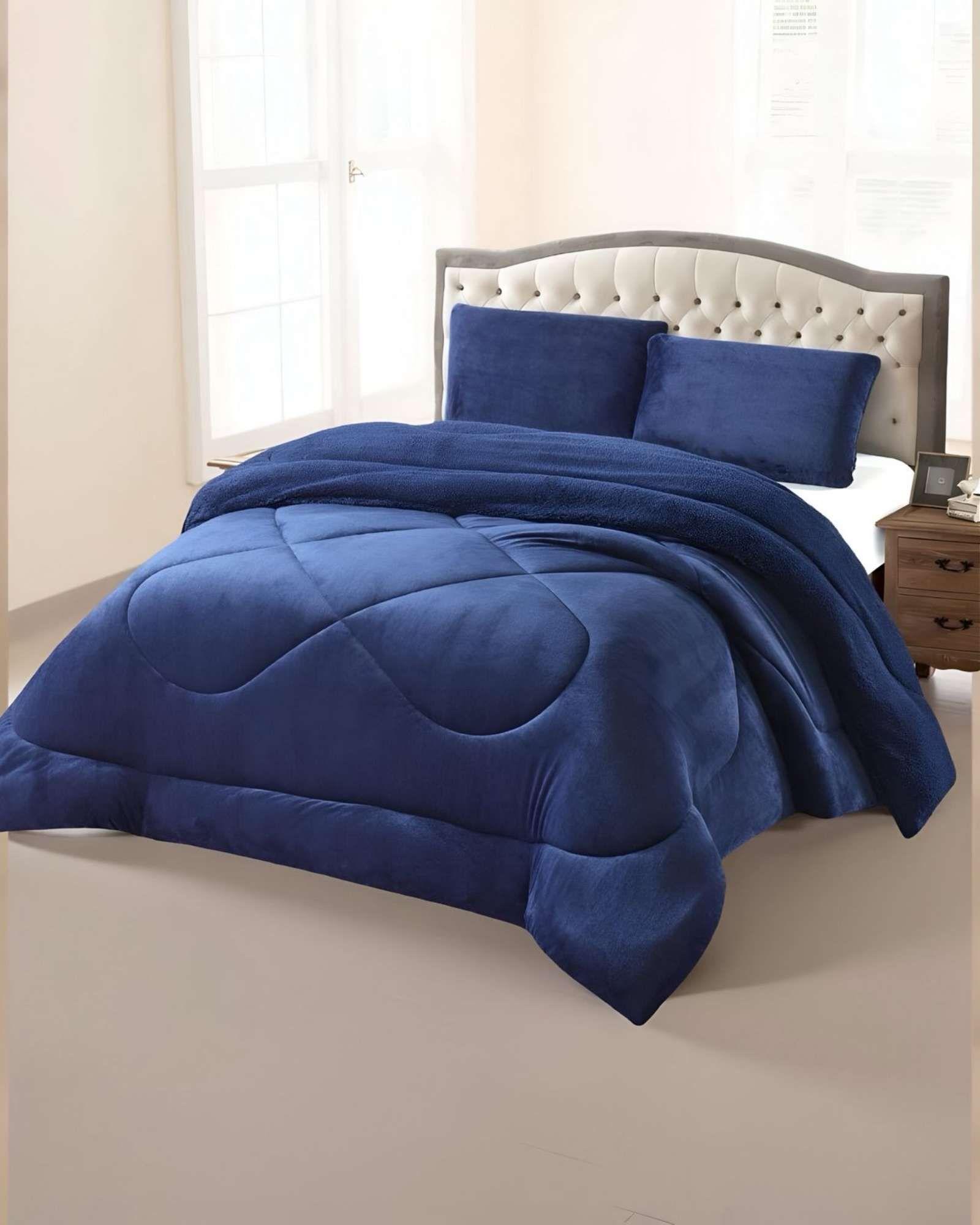 Cubrecama plush con chiporro Acolchado liso 2 plazas azul-0