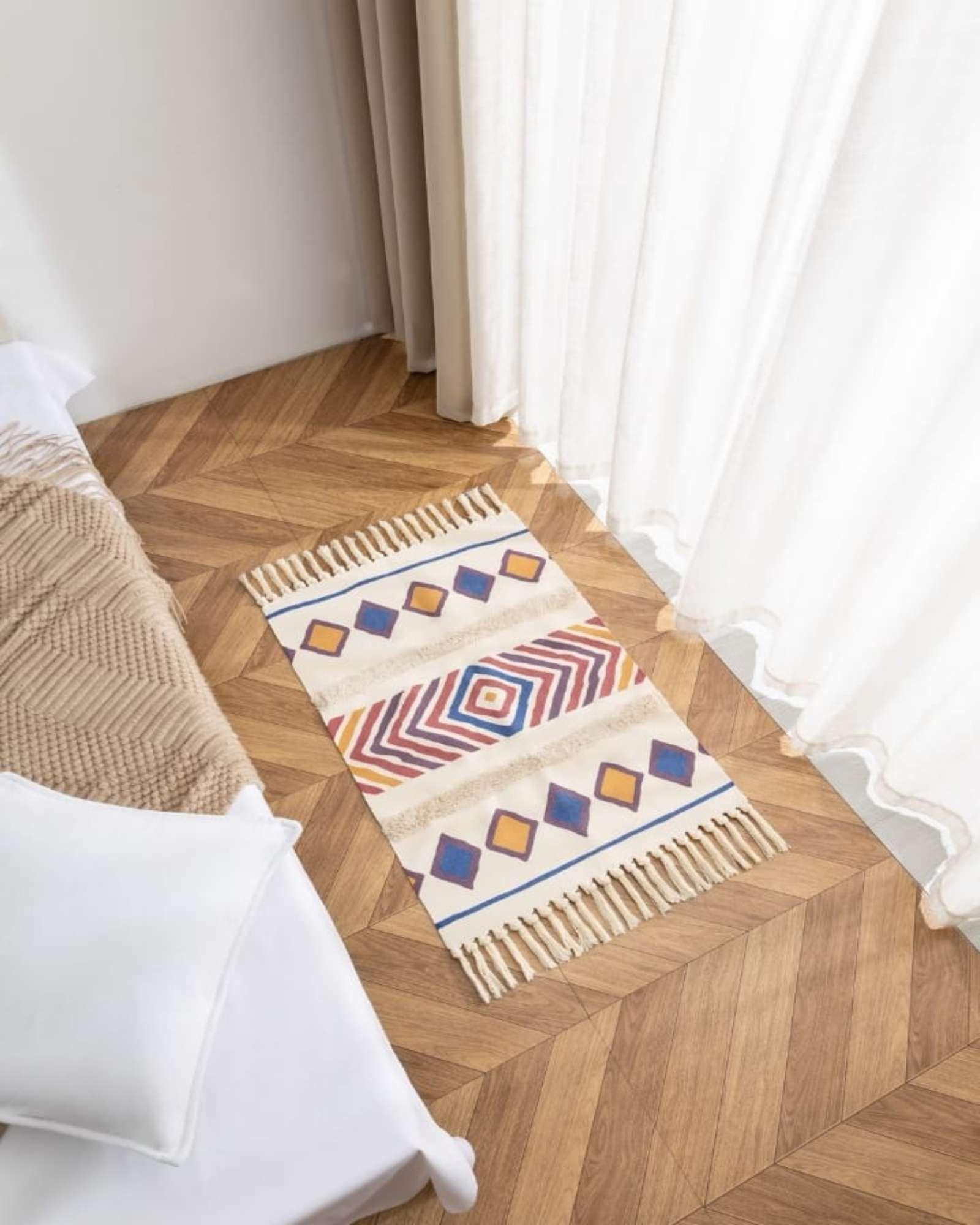 Alfombra de Lino Bajada de Cama estilo Boho medida 60 cm x 90 cm A5-2