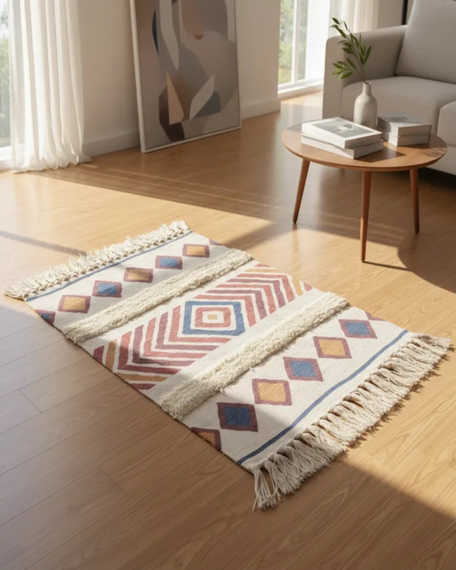 Alfombra de Lino Bajada de Cama estilo Boho medida 60 cm x 90 cm A5-4