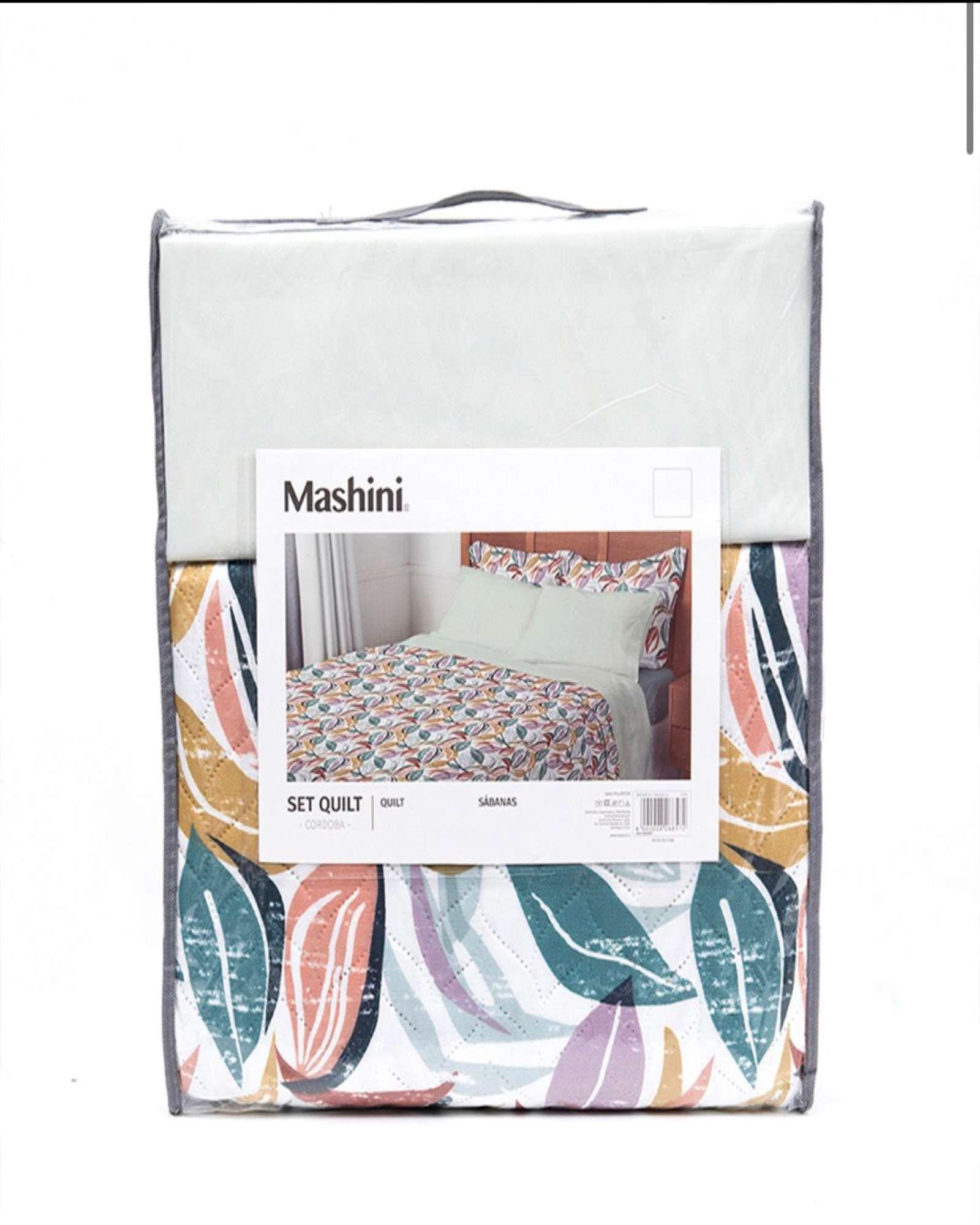 Cubrecama Colcha Quilt  mas Juego de Sábana Liso 1.5 Plaza Mashini M02-3