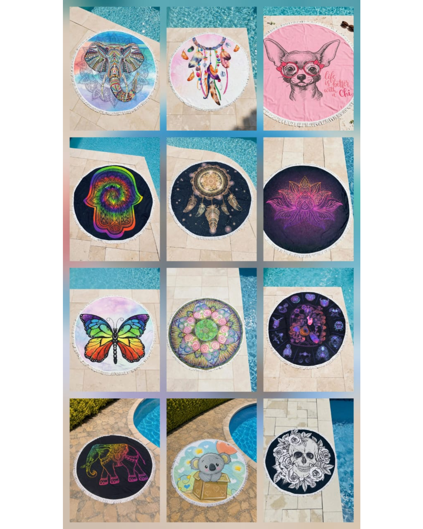 Toalla Mandala De Playa Redonda con Flecos Diseños Verano. C5-6