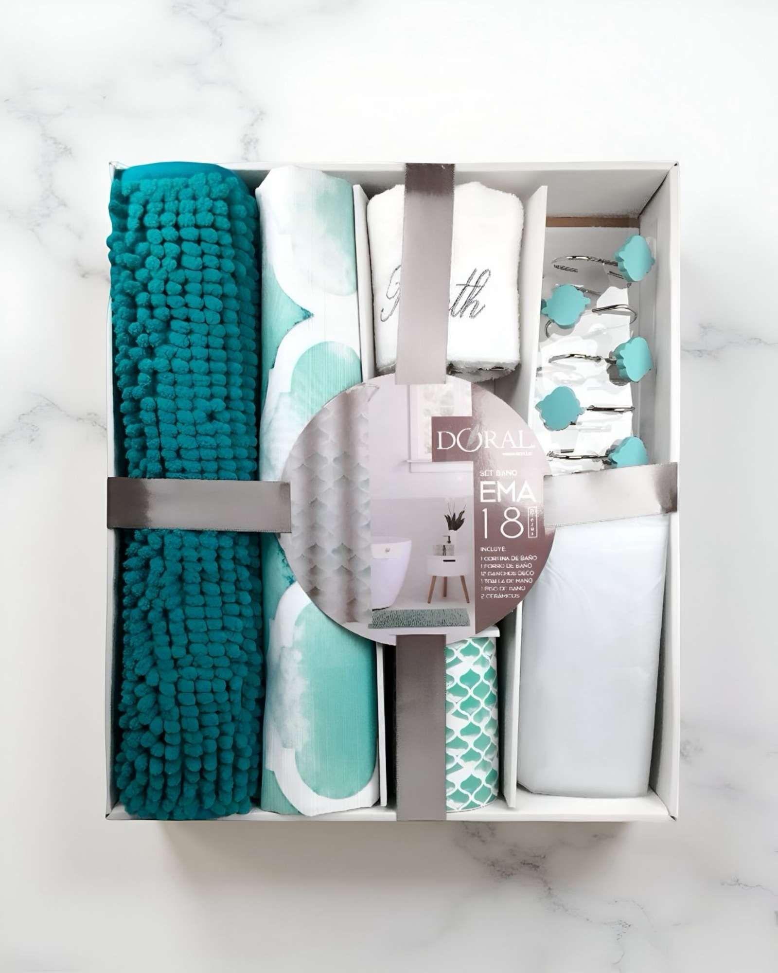 Juego Set de Baño 18 Piezas Cortina, Alfombra, Toalla y Jaboneras Doral A10-3