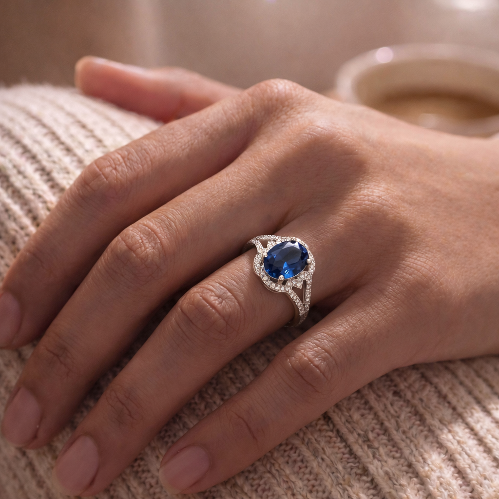 Anillo Plata 925 Mujer Circones Azul Blanco Diseño Clásico-2