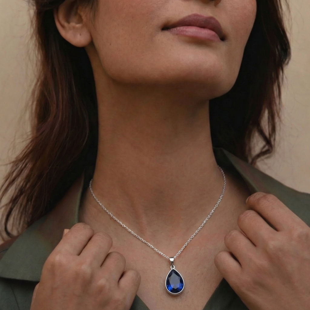 Joya Collar Plata 925 Circón Azul Forma Gota Elegante Mujer-3