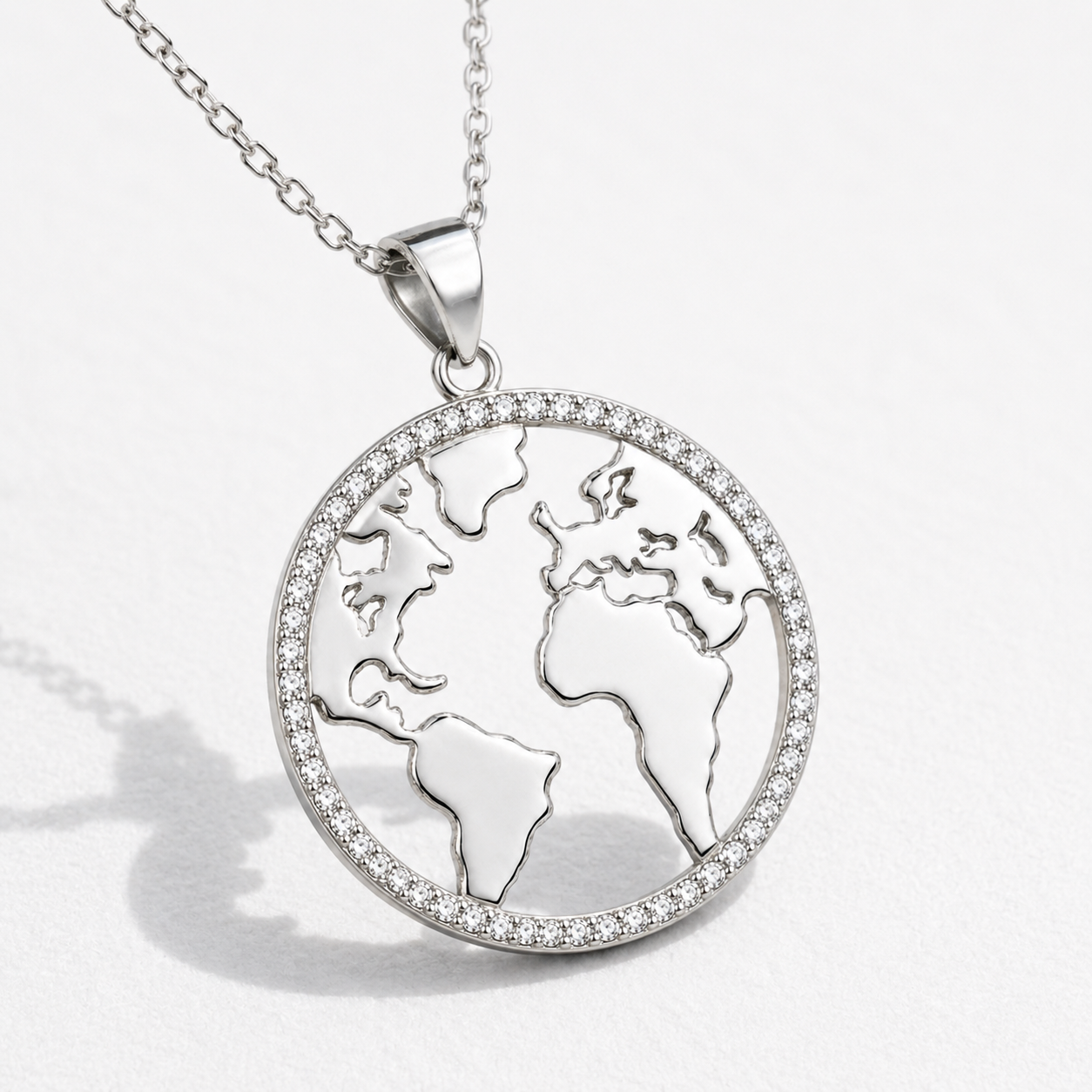 Joya Collar Plata 925 Mundo Planeta Tierra Circones Blancos Plateado-1