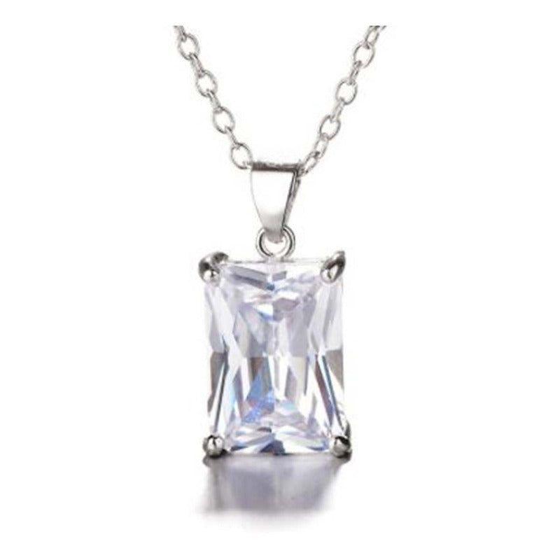 Joya Collar Plata 925 Con Circón Rectangular Elegante Mujer Blanco-0