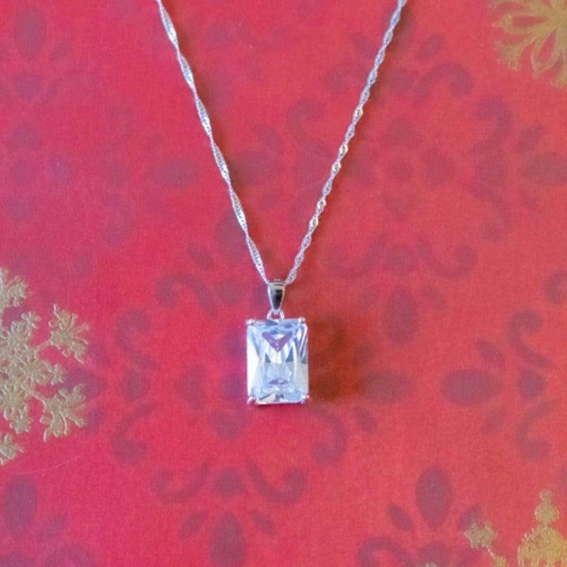 Joya Collar Plata 925 Con Circón Rectangular Elegante Mujer Blanco-2
