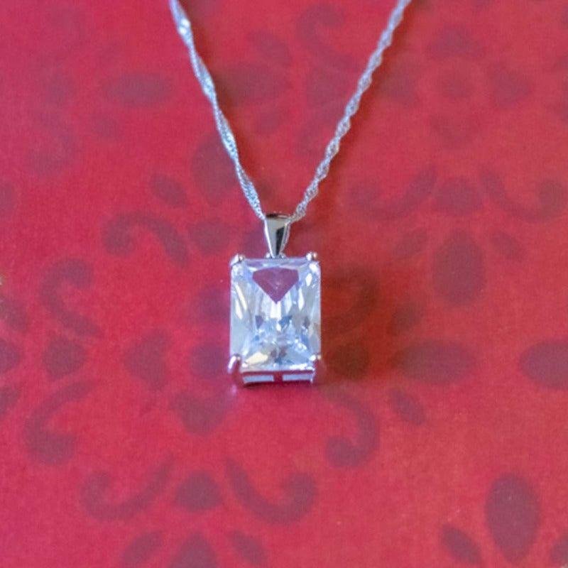 Joya Collar Plata 925 Con Circón Rectangular Elegante Mujer Blanco-3