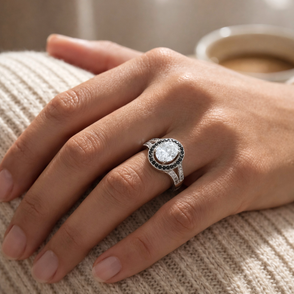 Anillo Plata 925 Mujer Circón Blanco Negro Diseño Moderno-4