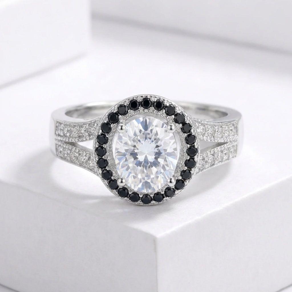 Anillo Plata 925 Mujer Circón Blanco Negro Diseño Moderno-1