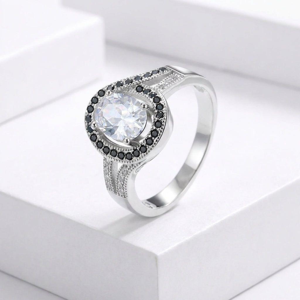 Anillo Plata 925 Mujer Circón Blanco Negro Diseño Moderno-2