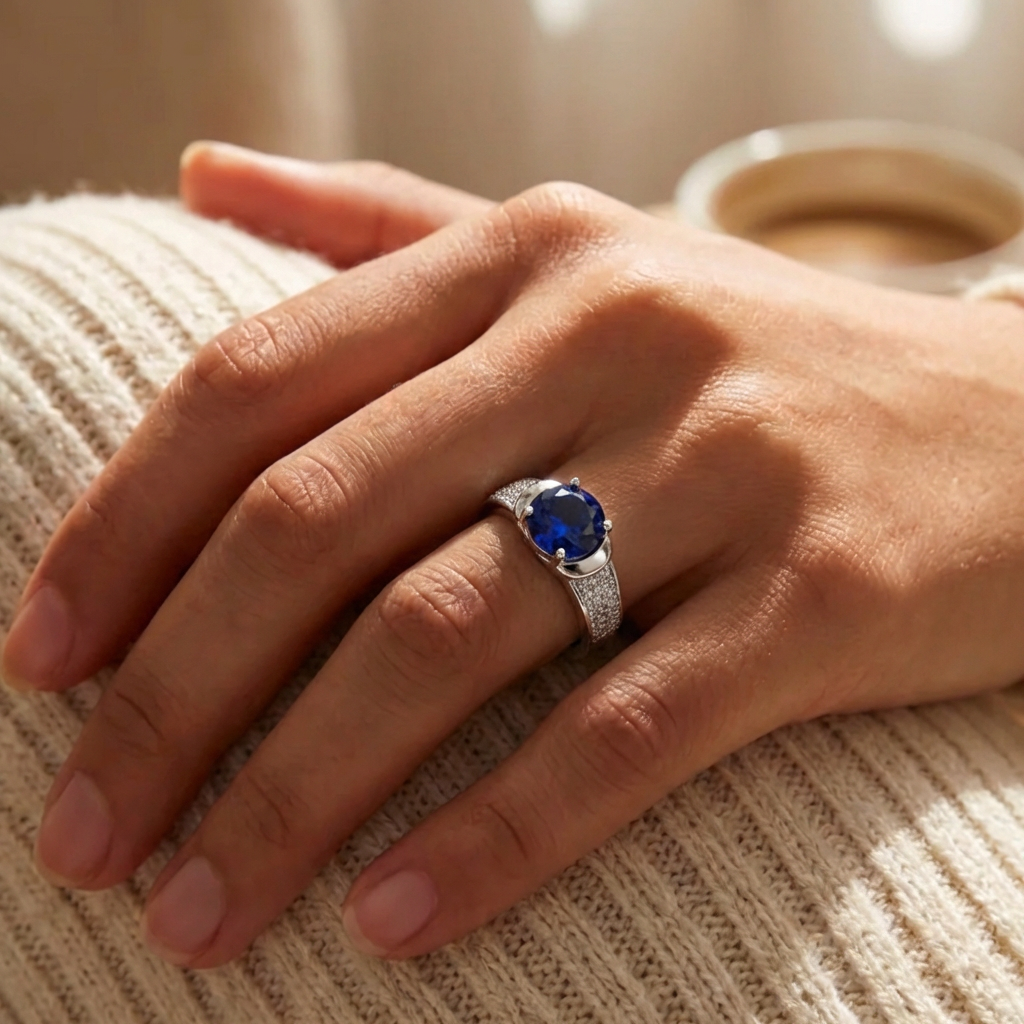 Anillo Plata 925 Mujer Circón Central Azul Diseño Moderno-4