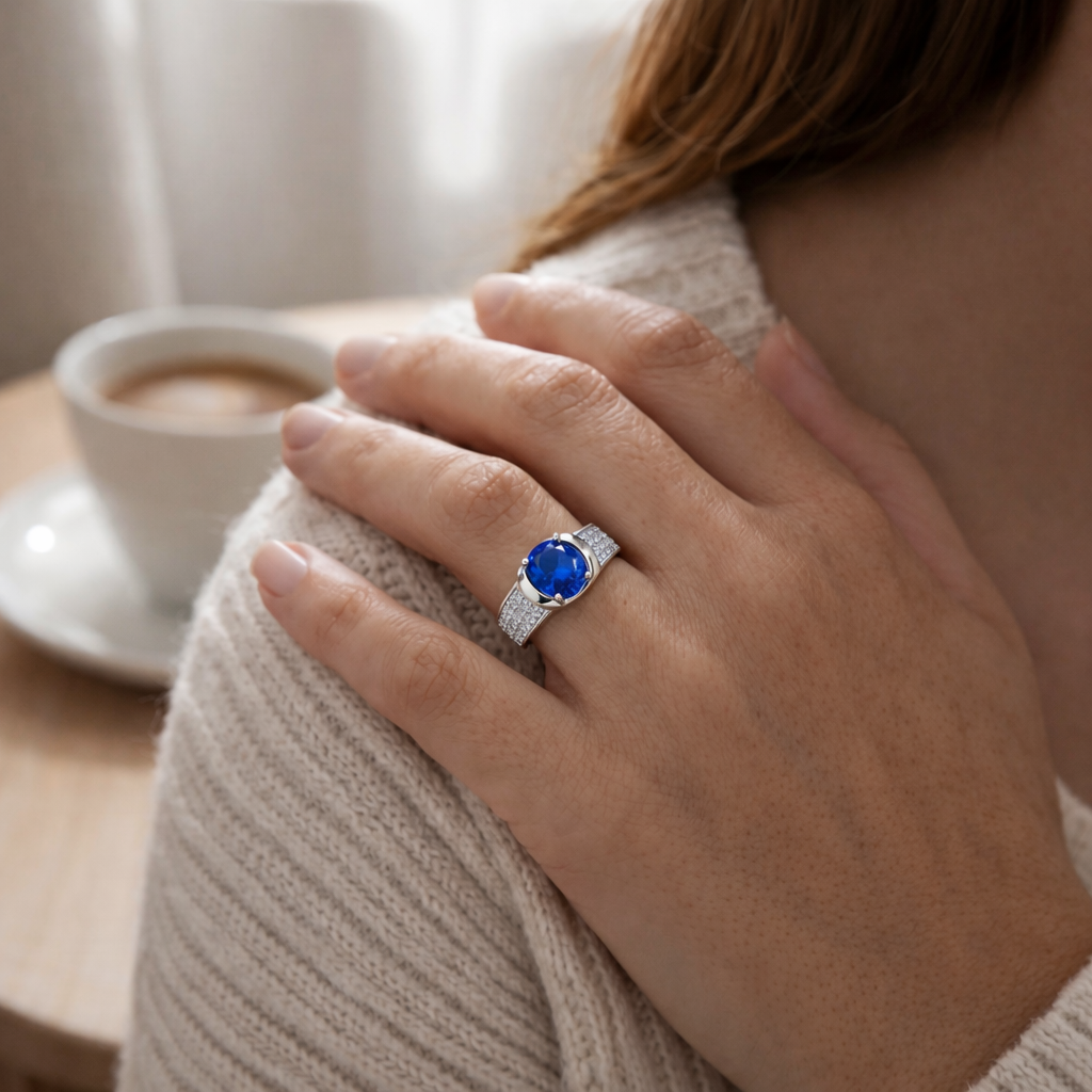 Anillo Plata 925 Mujer Circón Central Azul Diseño Moderno-5