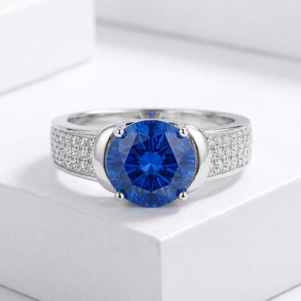 Anillo Plata 925 Mujer Circón Central Azul Diseño Moderno-2