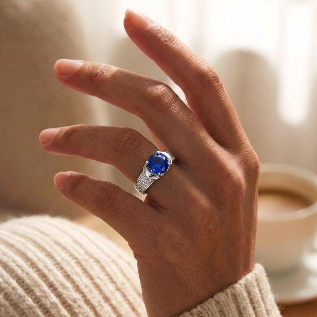 Anillo Plata 925 Mujer Circón Central Azul Diseño Moderno-3