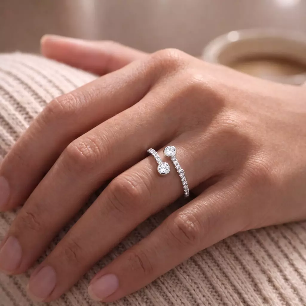 Anillo Plata 925 Abierto Doble Circón Ajustable-5