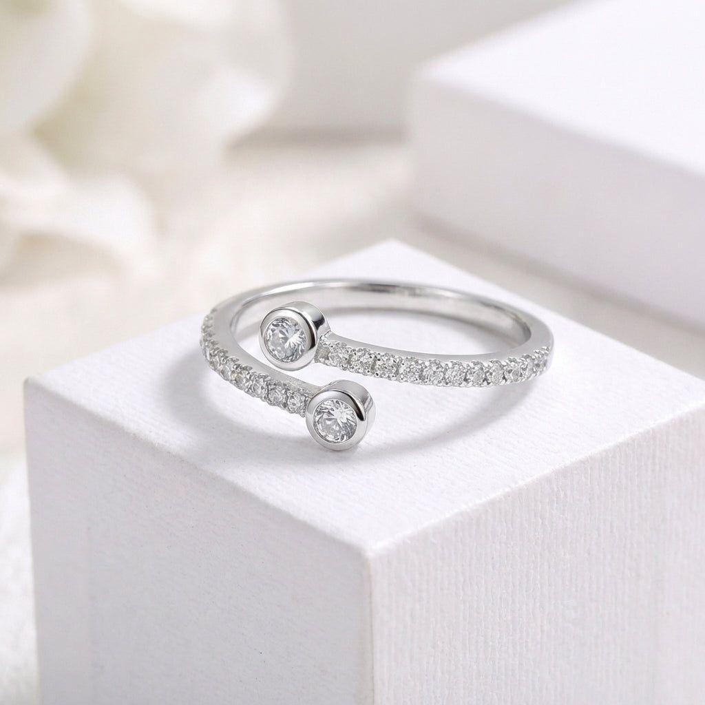 Anillo Plata 925 Abierto Doble Circón Ajustable-1