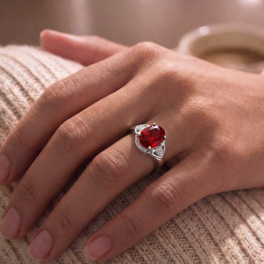 Joya Anillo Plata 925 Mujer Circón Rojo Blanco Elegante-4