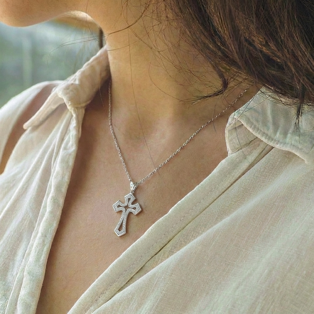 Joya Collar Plata 925 Cruz Religiosa Con Circones Unisex Plateado-4