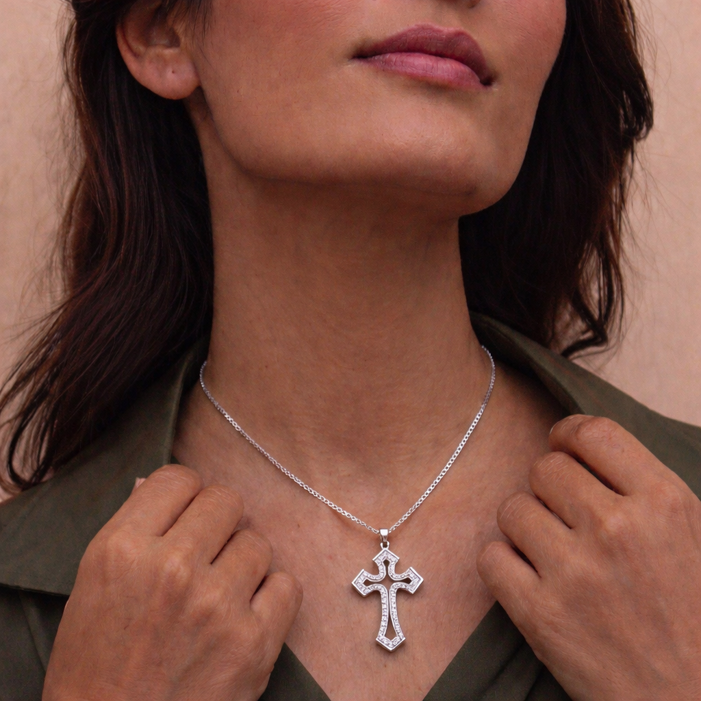 Joya Collar Plata 925 Cruz Religiosa Con Circones Unisex Plateado-5