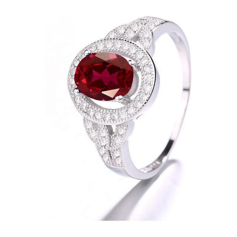 Anillo Plata 925 Circón Rojo Ovalado con Halo-0