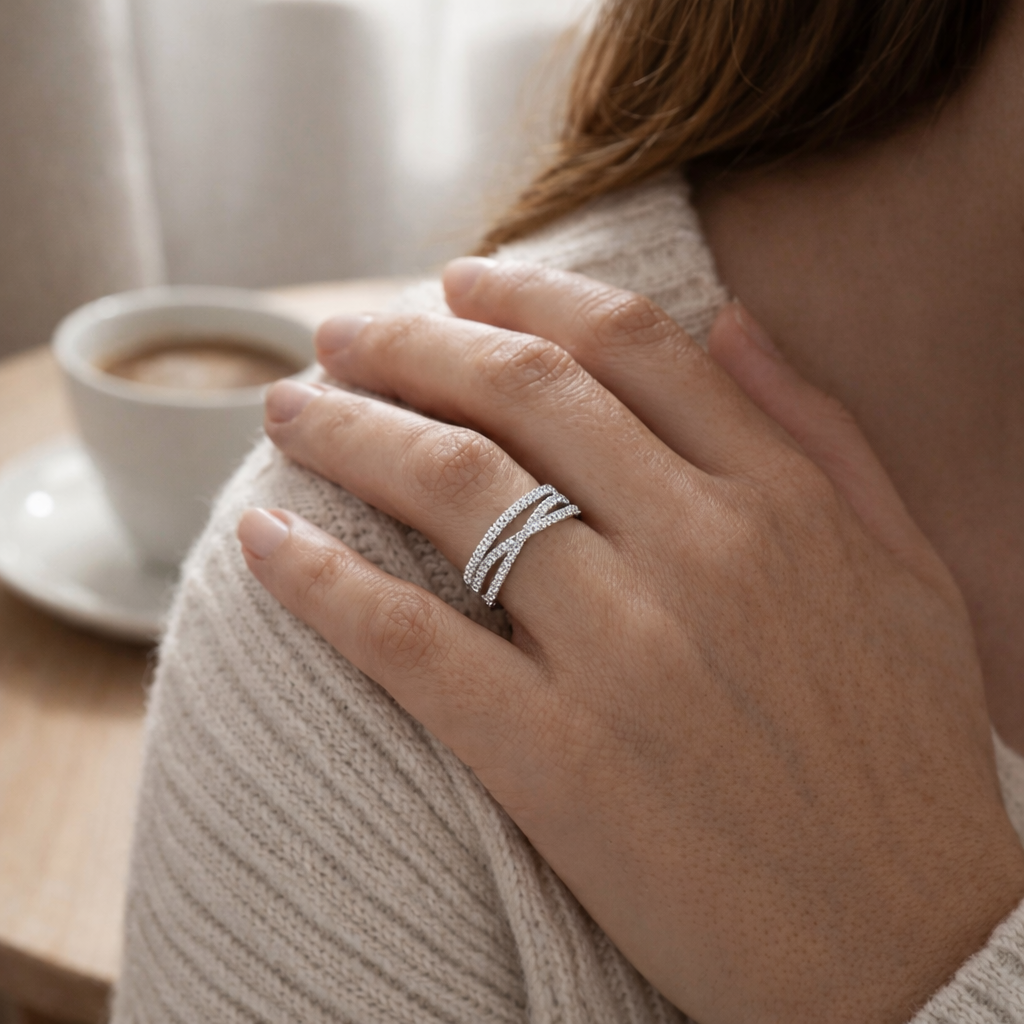 Anillo Plata S 925 Mujer Circones Blancos Elegante Moderno-5