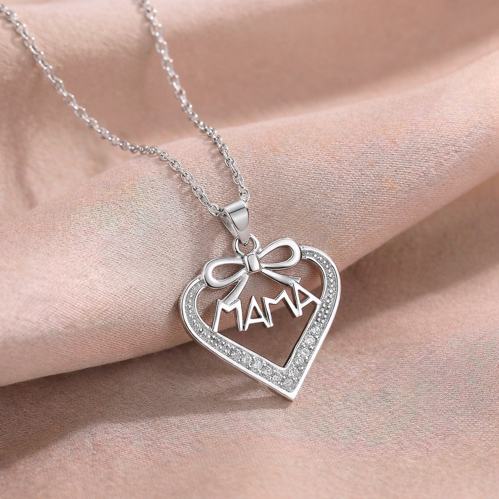 Collar Con Colgante Plata 925 Corazón Mamá Circones Blanco Plateado-2