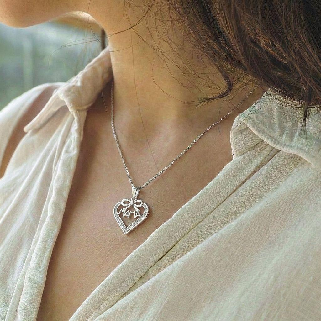 Collar Con Colgante Plata 925 Corazón Mamá Circones Blanco Plateado-3