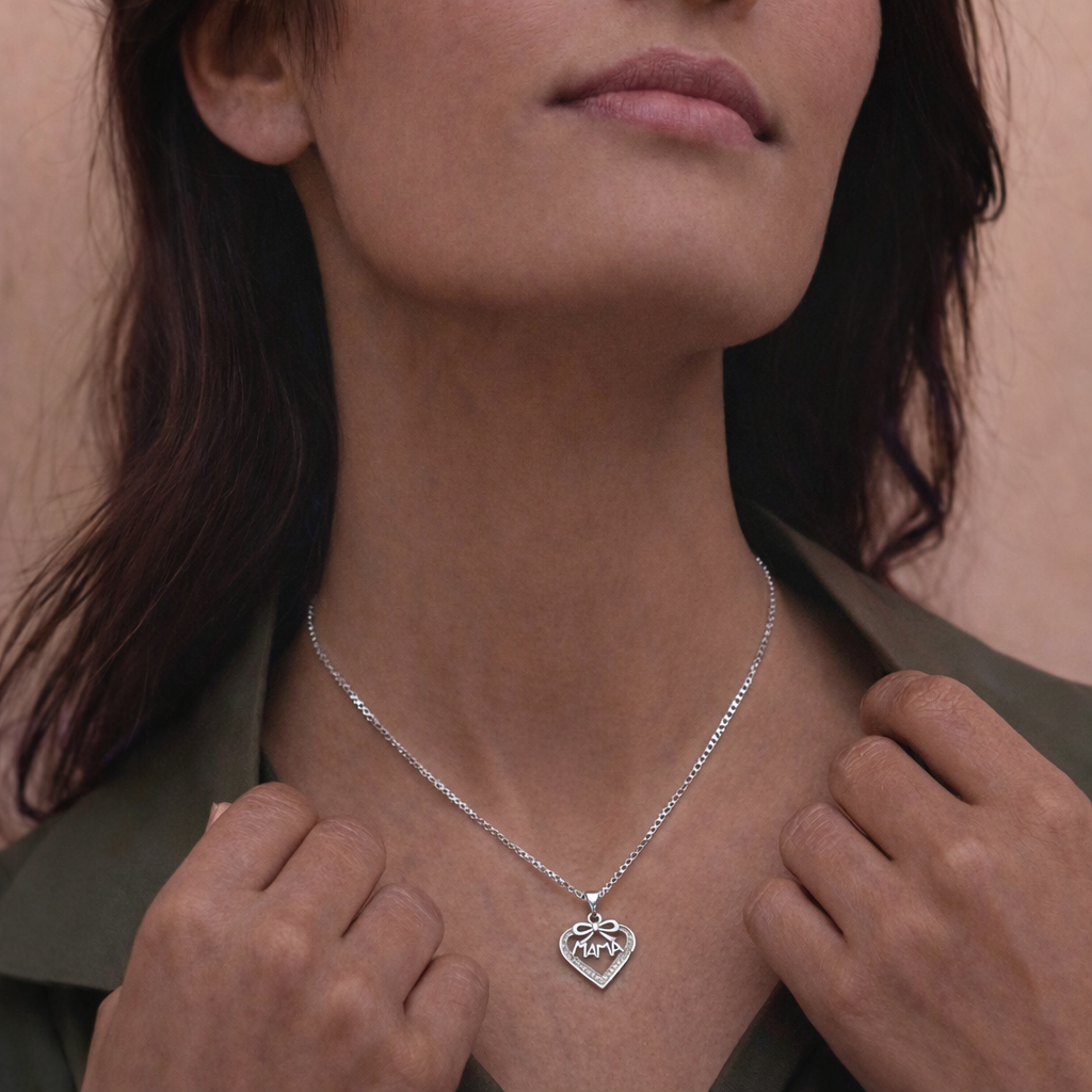 Collar Con Colgante Plata 925 Corazón Mamá Circones Blanco Plateado-4