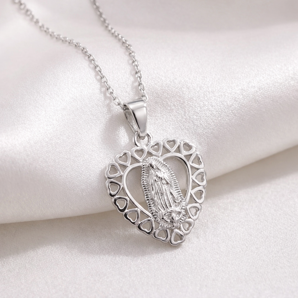 Collar Con Colgante Plata 925 Virgen Diseño Religioso Plateado-2