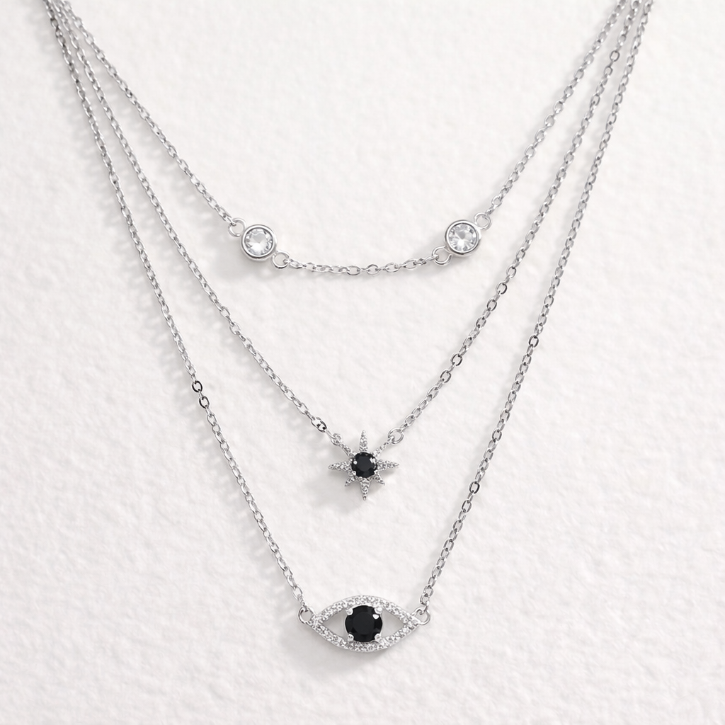 Joya Collar Plata 925 Del Mal De Ojo Circones Azul Y Blanco Plateado-1