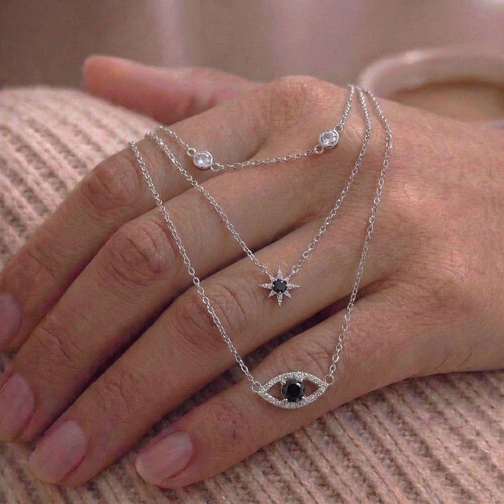 Joya Collar Plata 925 Del Mal De Ojo Circones Azul Y Blanco Plateado-3