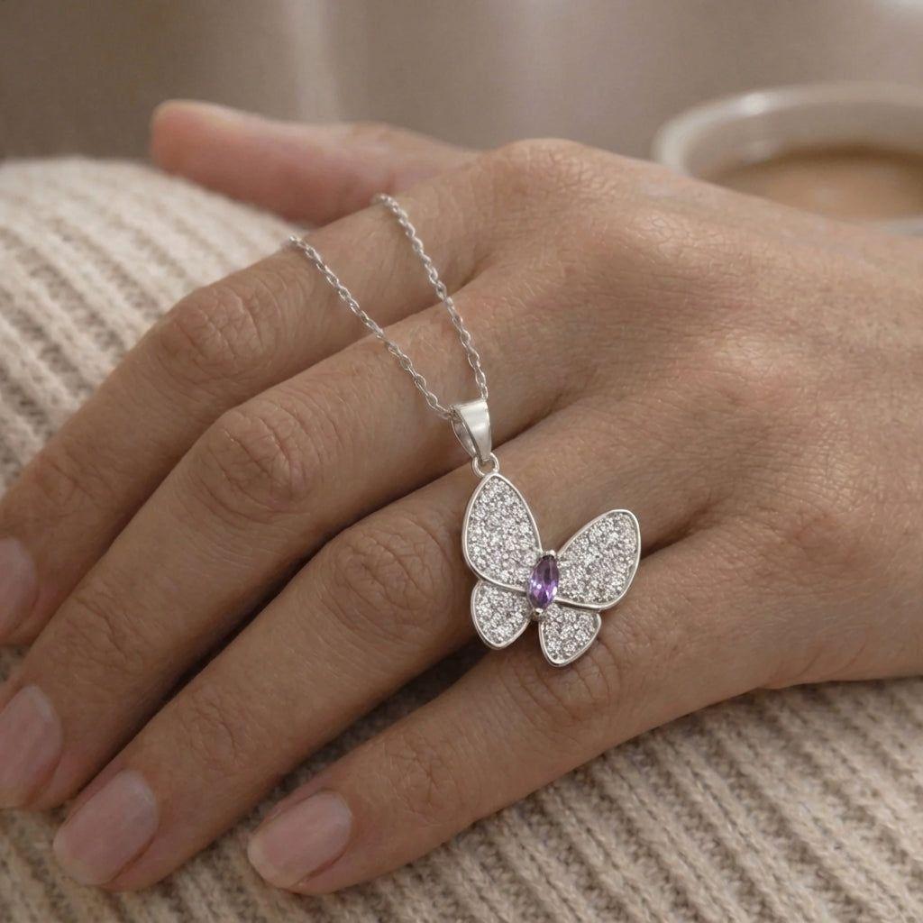 Collar Con Colgante Plata 925 Mariposa Circones Moderno Plateado-3
