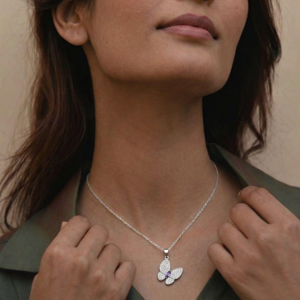 Collar Con Colgante Plata 925 Mariposa Circones Moderno Plateado-4