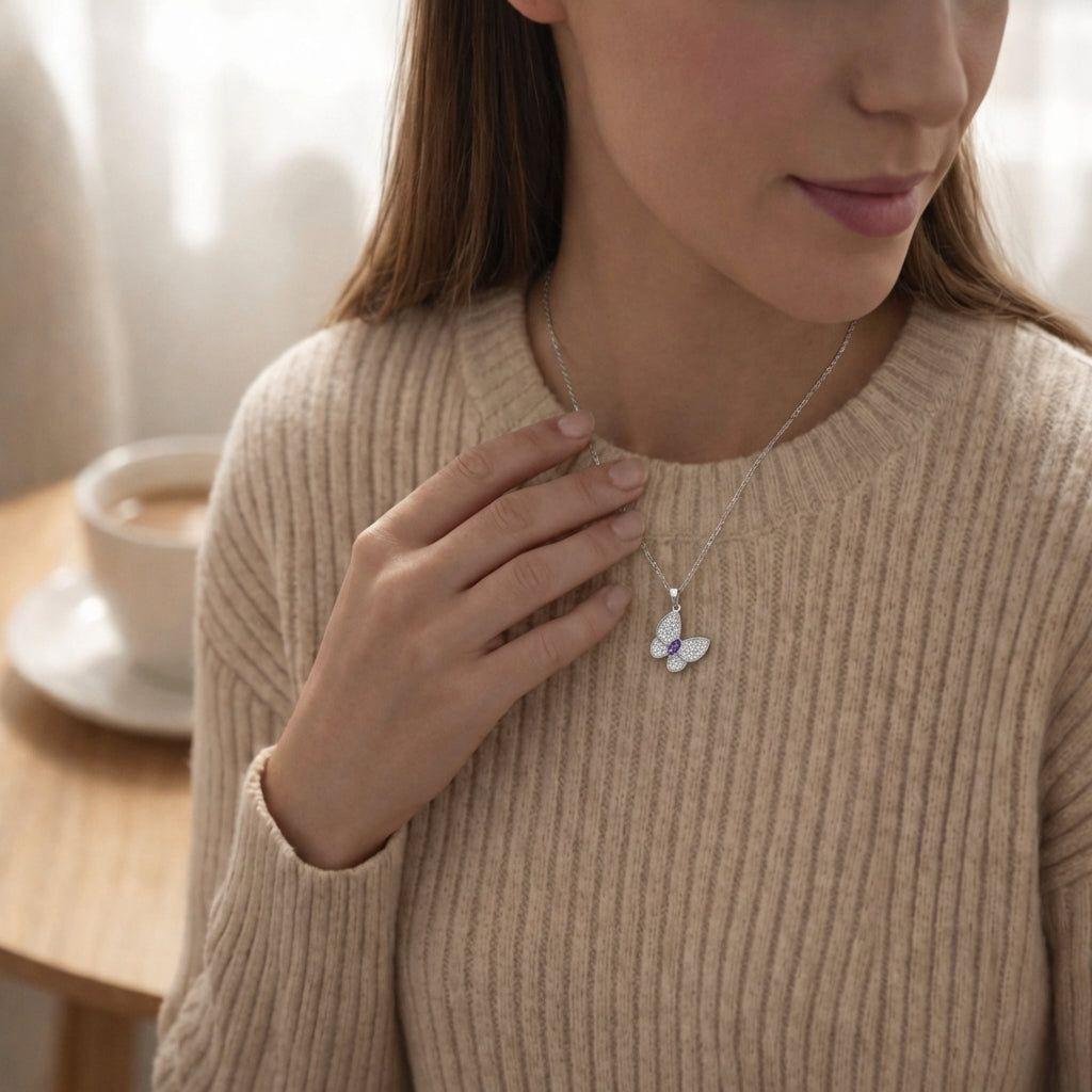 Collar Con Colgante Plata 925 Mariposa Circones Moderno Plateado-5